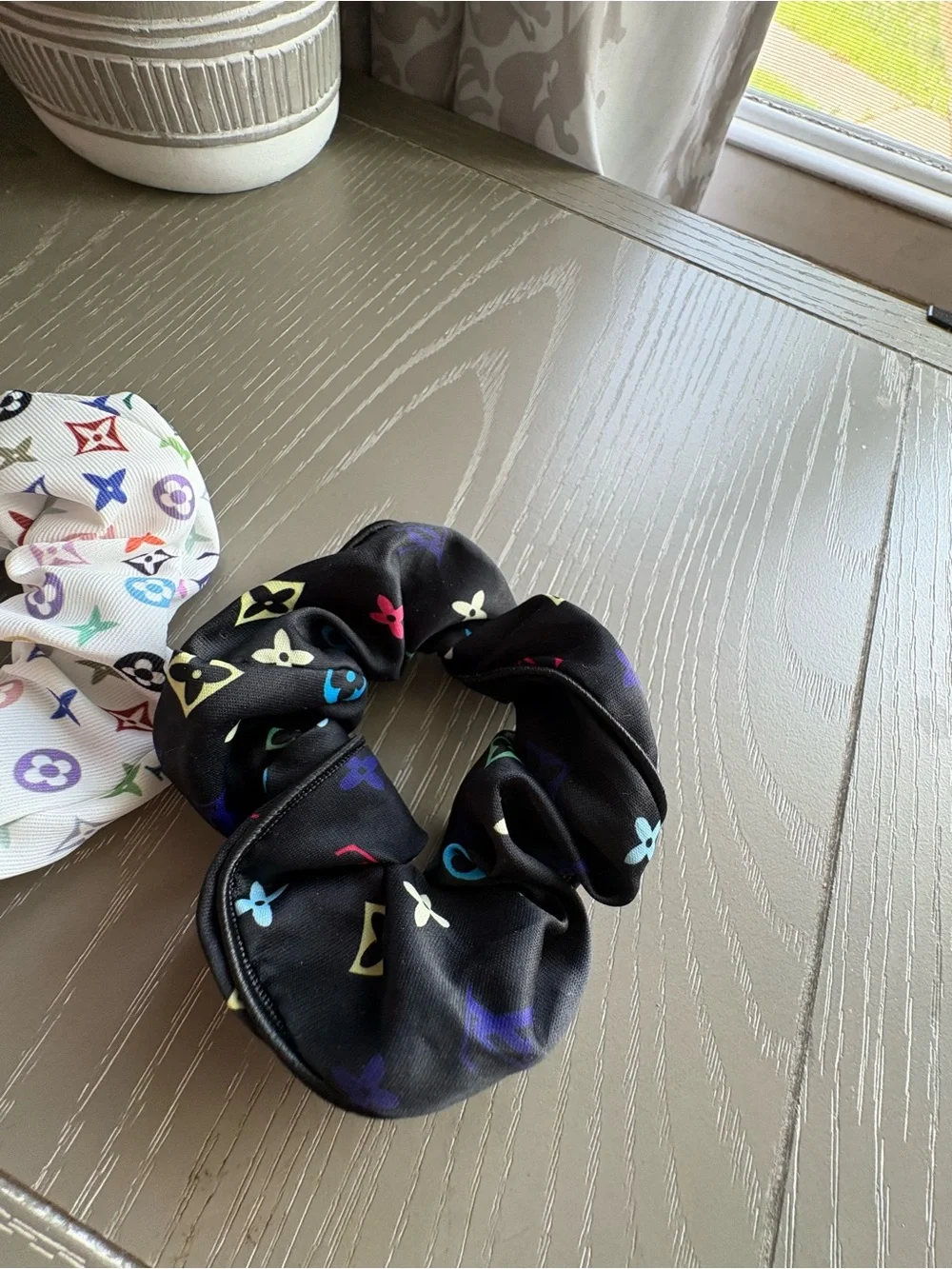 FASHION Set of 2 Monogram Print Satin Scrunchie Set - White Multicolor & Black
